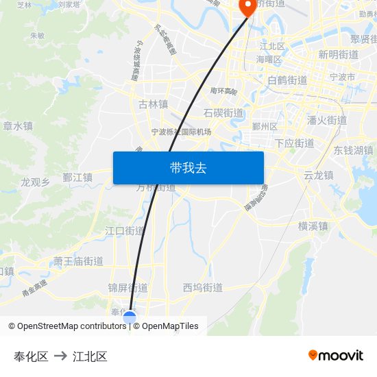 奉化区 to 江北区 map