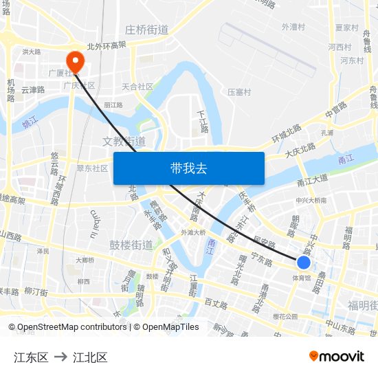 江东区 to 江北区 map