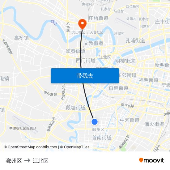 鄞州区 to 江北区 map