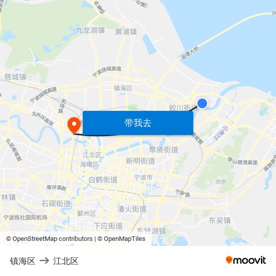 镇海区 to 江北区 map