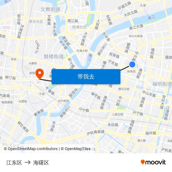 江东区 to 海曙区 map