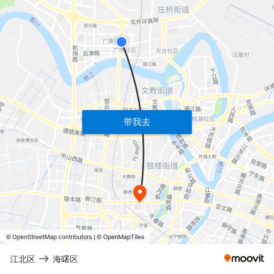 江北区 to 海曙区 map