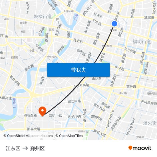 江东区 to 鄞州区 map
