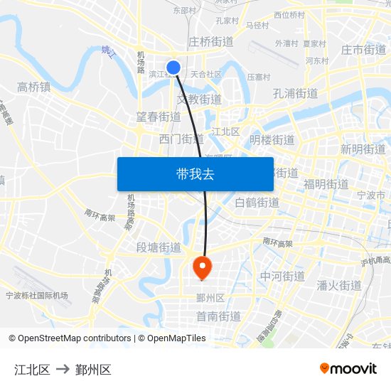 江北区 to 鄞州区 map