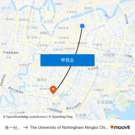 朱一社区 to The University of Nottingham Ningbo China map