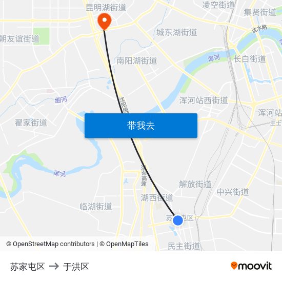 苏家屯区 to 于洪区 map