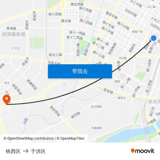 铁西区 to 于洪区 map