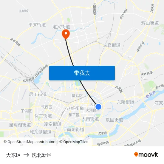 大东区 to 沈北新区 map