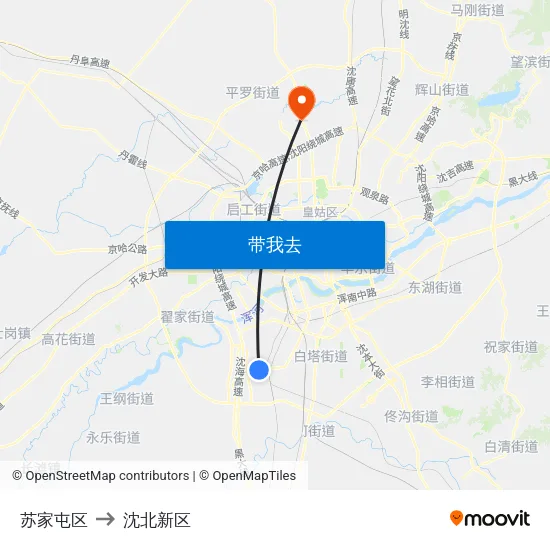 苏家屯区 to 沈北新区 map