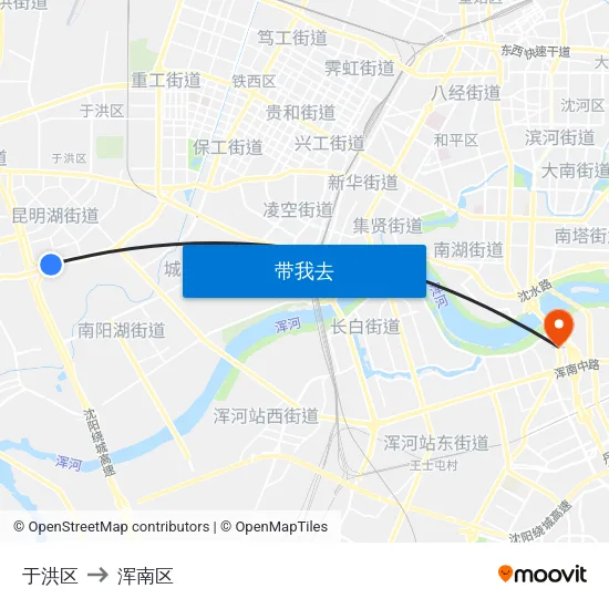 于洪区 to 浑南区 map