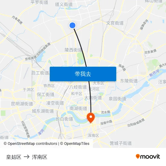 皇姑区 to 浑南区 map