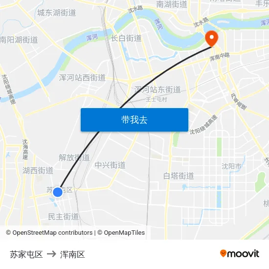 苏家屯区 to 浑南区 map