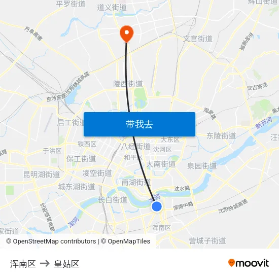 浑南区 to 皇姑区 map
