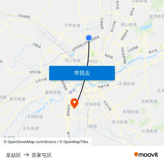 皇姑区 to 苏家屯区 map