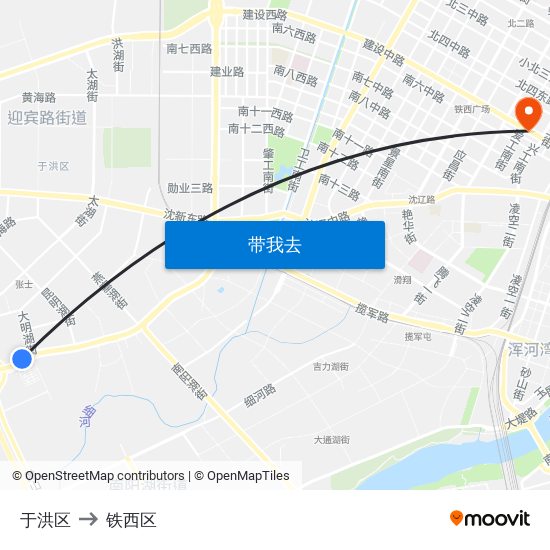 于洪区 to 铁西区 map