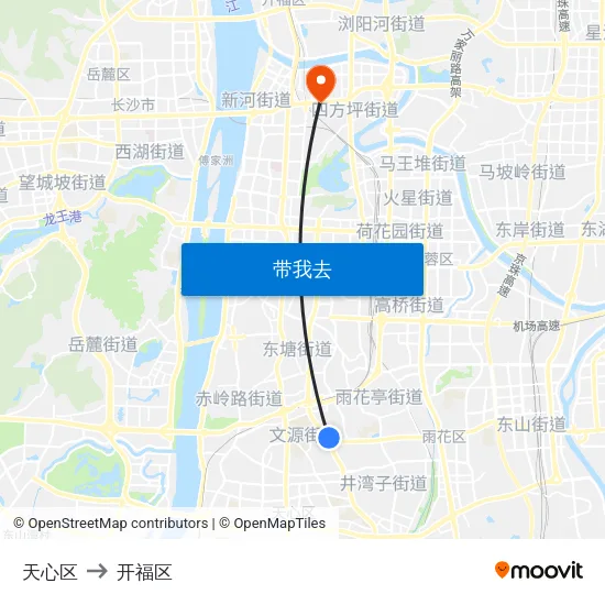 天心区 to 开福区 map