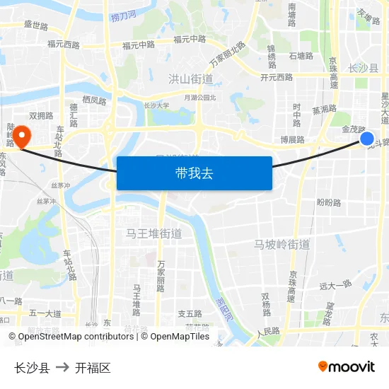 长沙县 to 开福区 map
