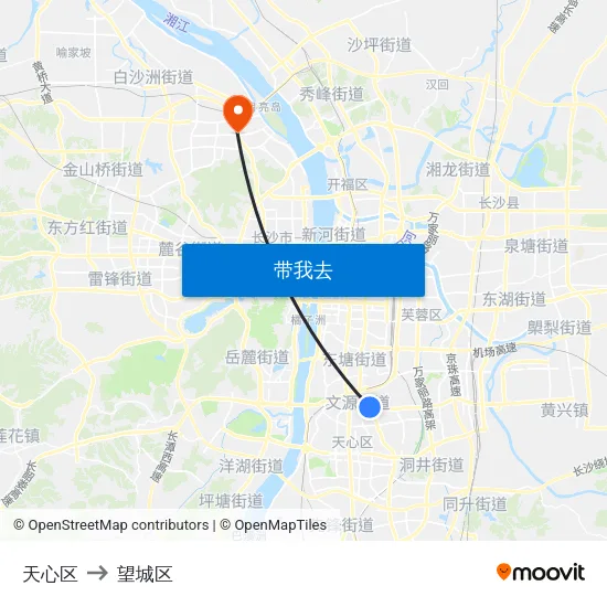 天心区 to 望城区 map