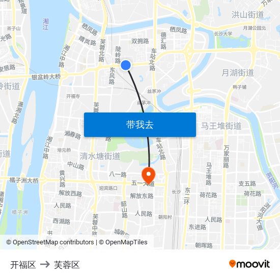 开福区 to 芙蓉区 map