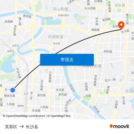 芙蓉区 to 长沙县 map