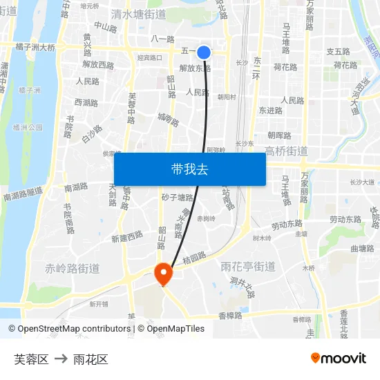 芙蓉区 to 雨花区 map