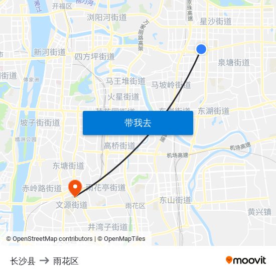 长沙县 to 雨花区 map