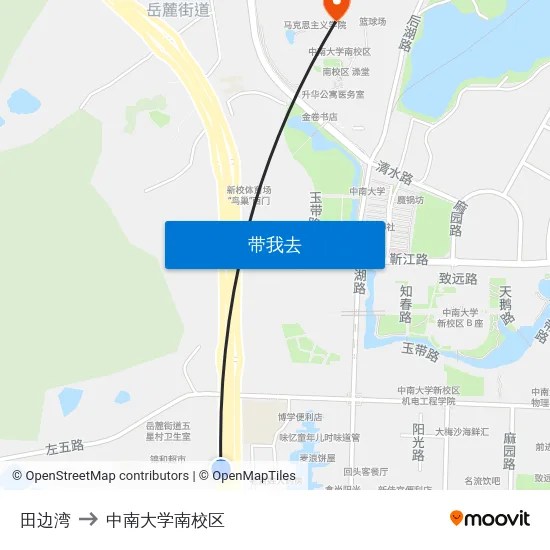 田边湾 to 中南大学南校区 map