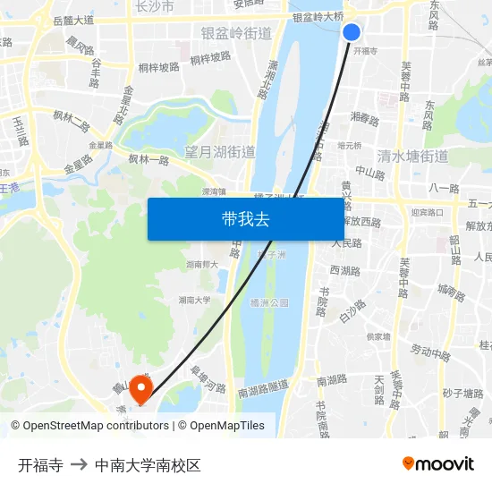 开福寺 to 中南大学南校区 map
