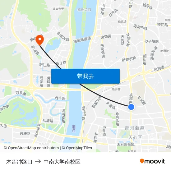 木莲冲路口 to 中南大学南校区 map