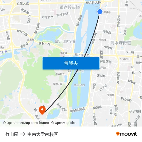竹山园 to 中南大学南校区 map