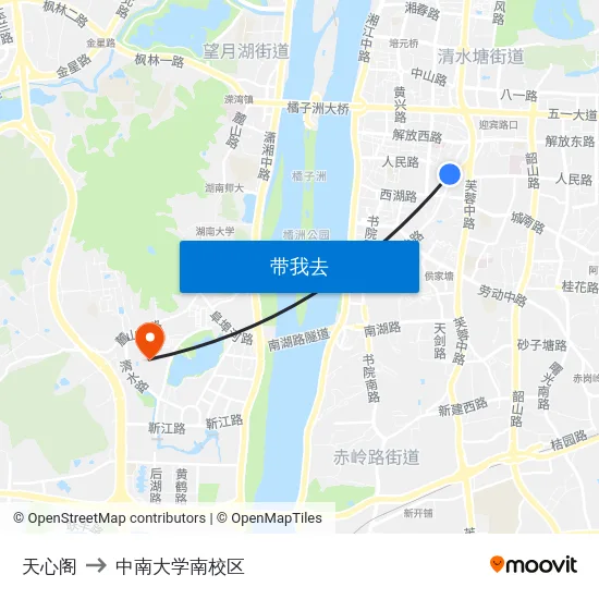 天心阁 to 中南大学南校区 map