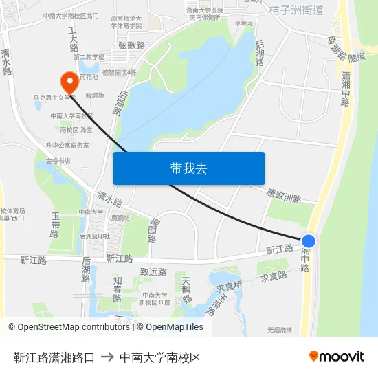 靳江路潇湘路口 to 中南大学南校区 map
