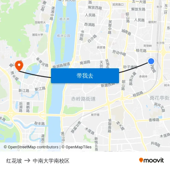 红花坡 to 中南大学南校区 map