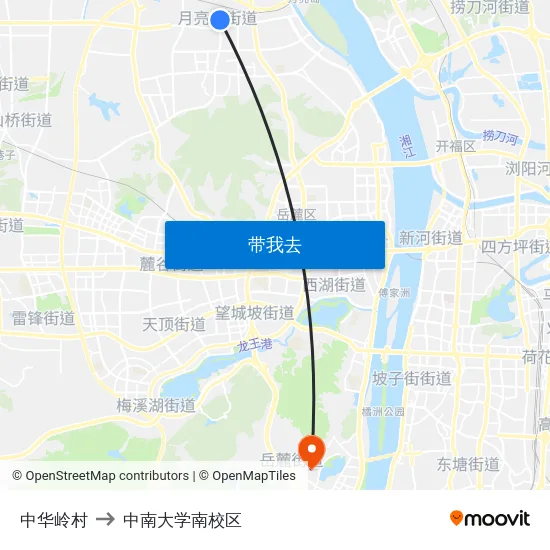 中华岭村 to 中南大学南校区 map