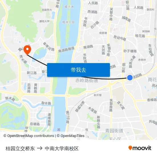 桔园立交桥东 to 中南大学南校区 map