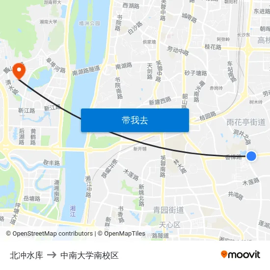 北冲水库 to 中南大学南校区 map