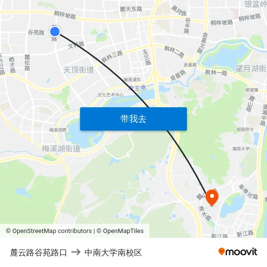 麓云路谷苑路口 to 中南大学南校区 map