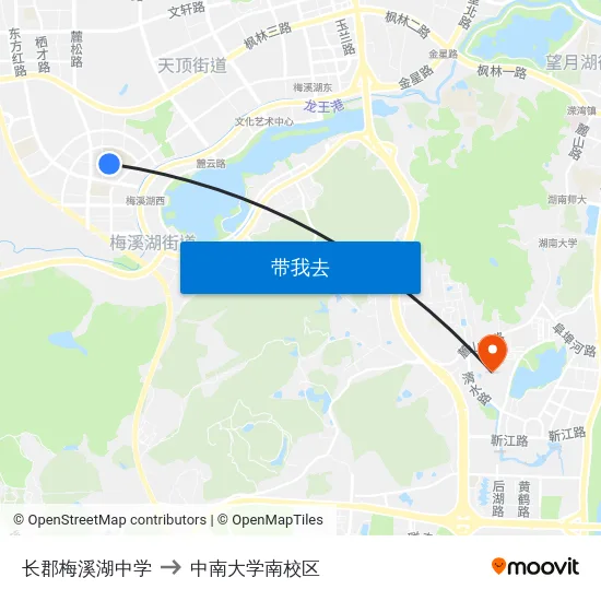 长郡梅溪湖中学 to 中南大学南校区 map