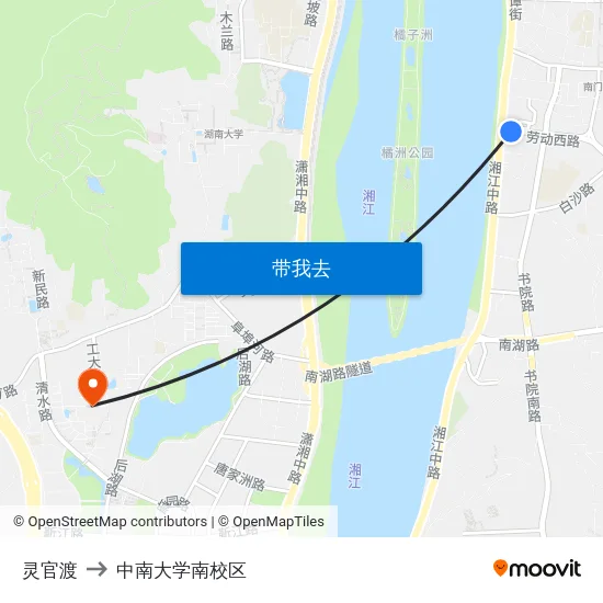 灵官渡 to 中南大学南校区 map