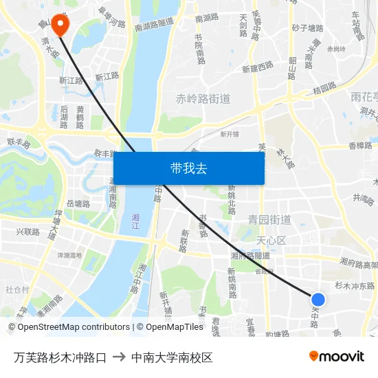 万芙路杉木冲路口 to 中南大学南校区 map