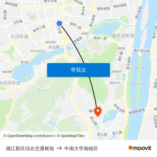 湘江新区综合交通枢纽 to 中南大学南校区 map