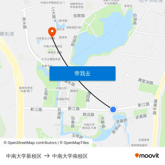 中南大学新校区 to 中南大学南校区 map