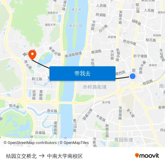 桔园立交桥北 to 中南大学南校区 map
