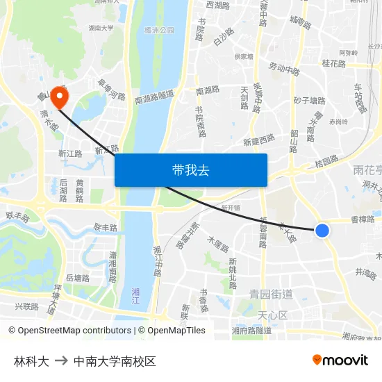 林科大 to 中南大学南校区 map