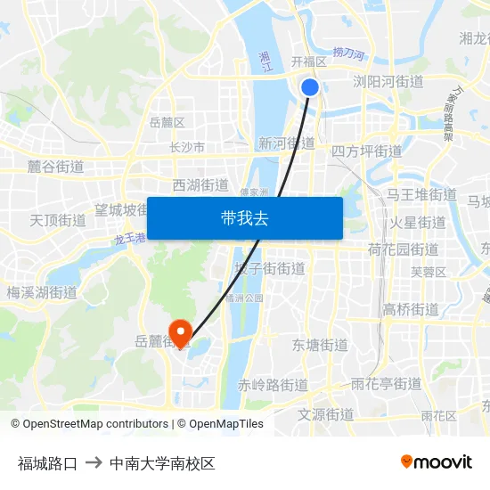 福城路口 to 中南大学南校区 map
