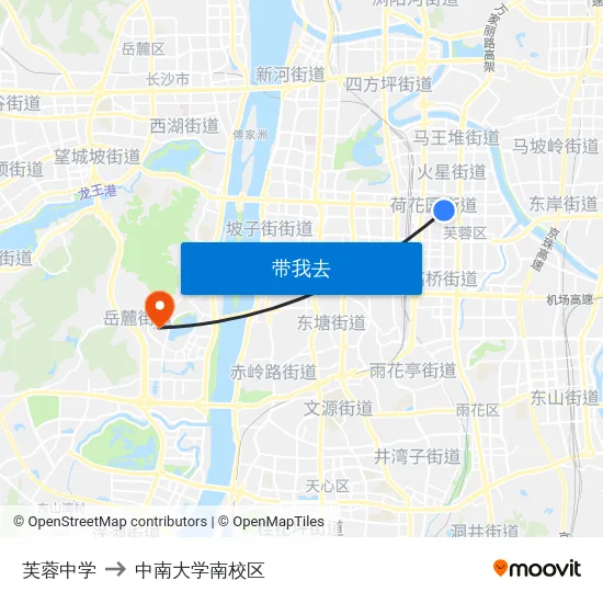 芙蓉中学 to 中南大学南校区 map