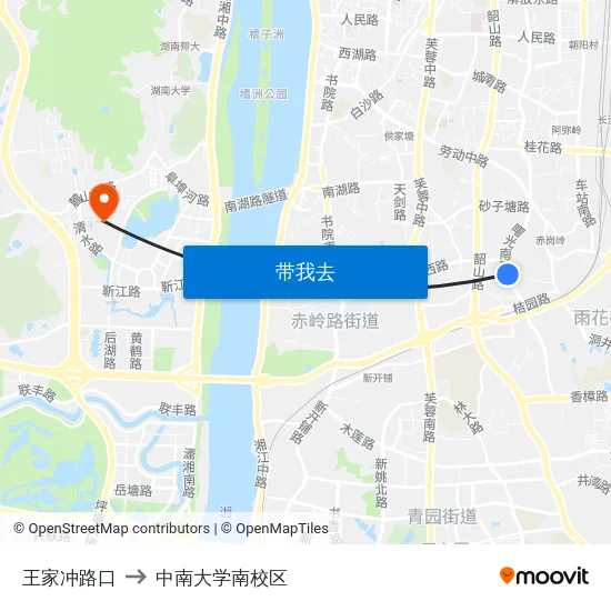 王家冲路口 to 中南大学南校区 map