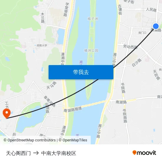 天心阁西门 to 中南大学南校区 map