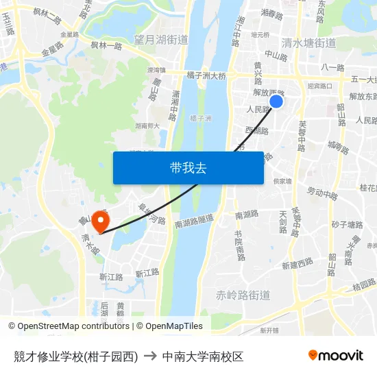 競才修业学校(柑子园西) to 中南大学南校区 map