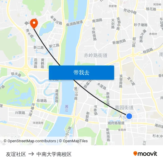 友谊社区 to 中南大学南校区 map